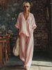 Women's Fashion Casual Two Piece Set V Neck Loose Short Sleeved Top with Solid Color Trousers European And American Style_ecoleips.com