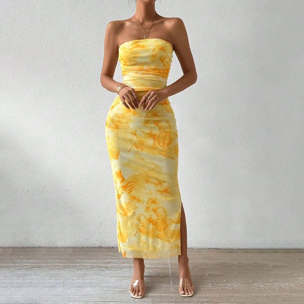 Women's TK Mesh Printed 2026 Spring Summer New High Waist Slim Fit Slit Tube Top Bodycon Dress_ecoleips.com