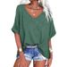 2025 Spring/Summer New Short Sleeved Summer Casual V-Neck Loose Top T-Shirt_ecoleips.com