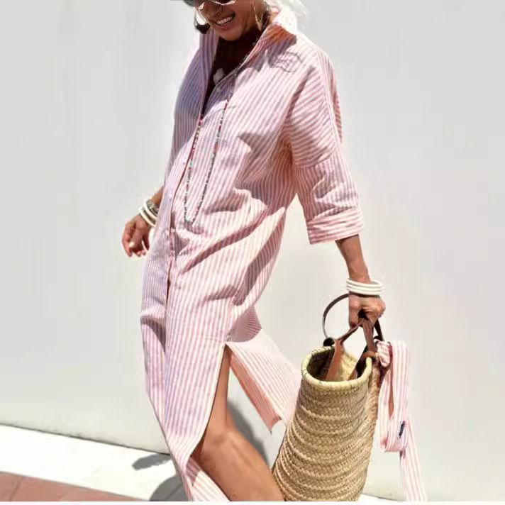 European And American Independent Station New Striped Slit Dress Summer Shirt_ecoleips.com