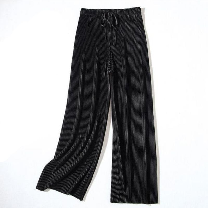 Women's Pleated Loose Ice Silk Korean Casual Cropped Pants Wide Leg Trouse Lady Girl Classic Sports Wear Girls Clothes Black Top_ecoleips.com