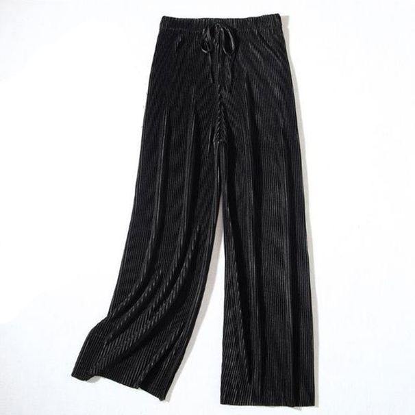 Women's Pleated Loose Ice Silk Korean Casual Cropped Pants Wide Leg Trouse Lady Girl Classic Sports Wear Girls Clothes Black Top_ecoleips.com