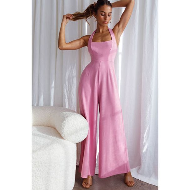 Women's Elegant Solid Color Halter Neck Jumpsuit Spring/Summer Wide Leg Casual Fashion European American Style Backless Romper_ecoleips.com