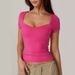 Women's Sweetheart Neck Short Sleeve Crop Top - Solid Color Slim Fit Basic Tee For Casual Wear_ecoleips.com