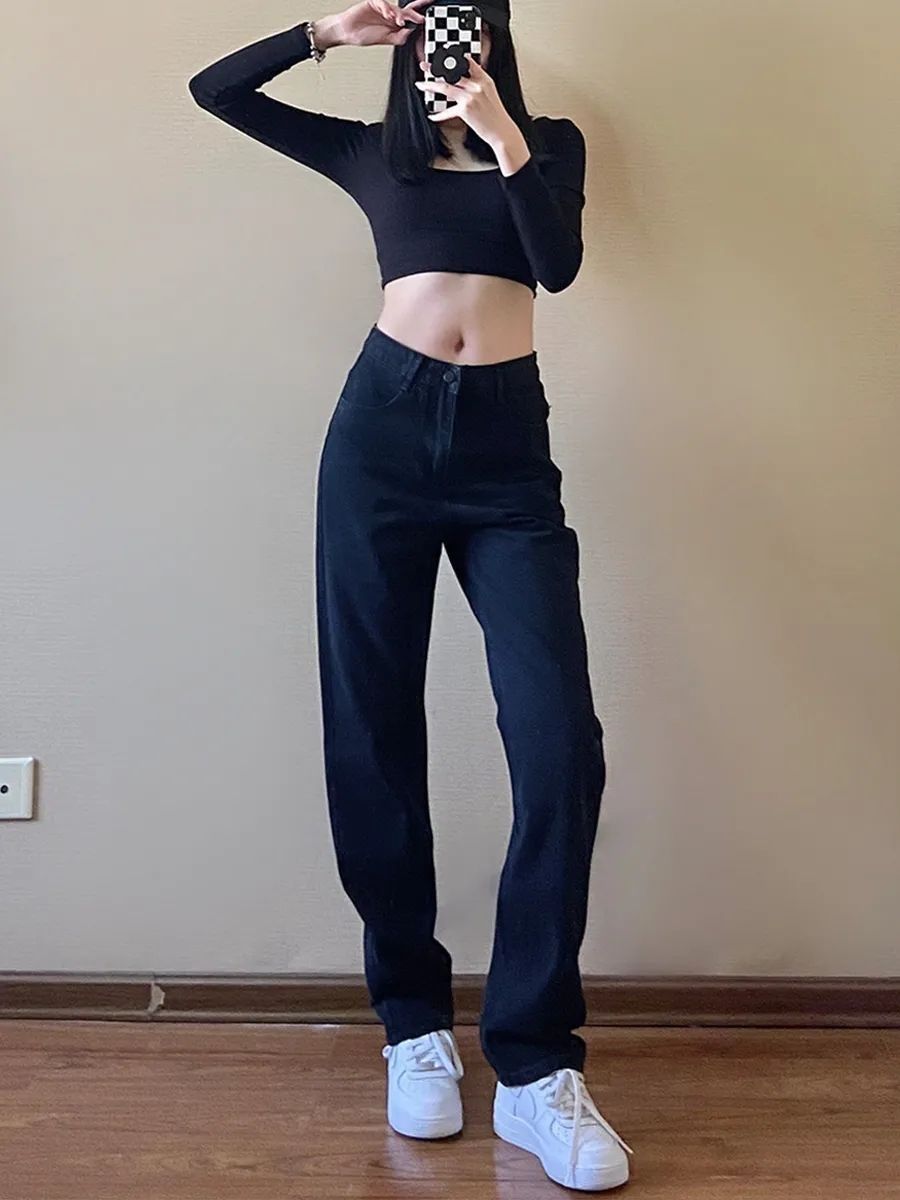 Black Slim-fit Straight-leg Jeans For Women, 2025 Spring New Style, High-waisted, Trendy, Loose Wide-leg, Elegant_ecoleips.com