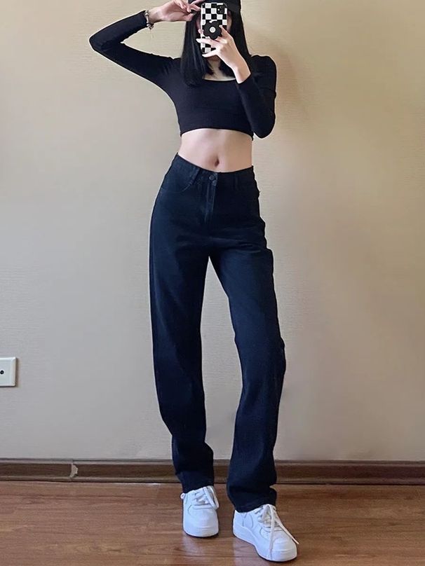 Black Slim-fit Straight-leg Jeans For Women, 2025 Spring New Style, High-waisted, Trendy, Loose Wide-leg, Elegant_ecoleips.com