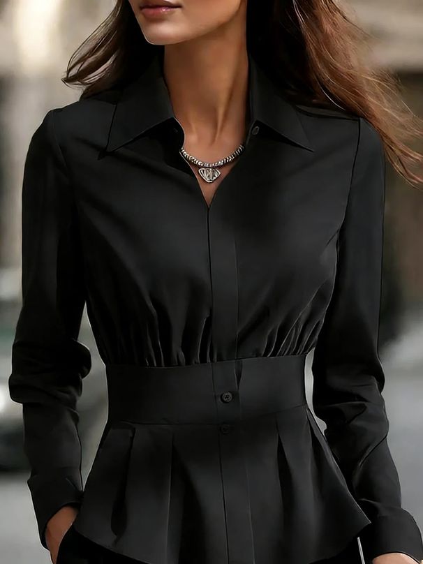 Women's Shawl Collar Long Sleeve Top Plain Color Regular Fit American Style Clothing_ecoleips.com