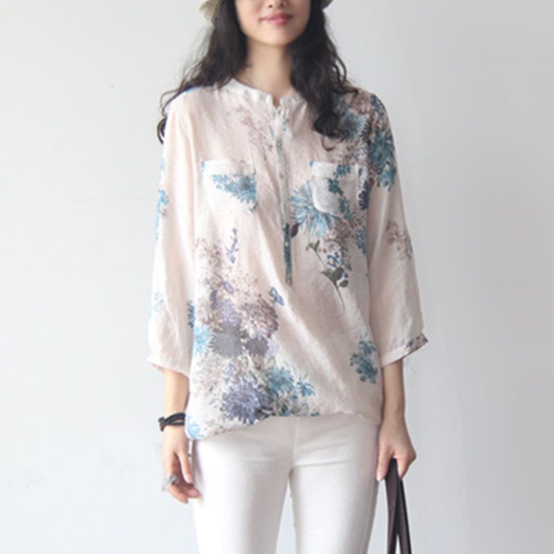 Spring/Summer Plus Size Cotton Linen Shirt Floral Print Loose Mid-Length Three Quarter Sleeve Korean Style Literary Women's Top_ecoleips.com