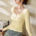 2025 #Craftsmanship Selection # American Button V-Neck Long Sleeved T-Shirt Women's Pure Cotton 2025 Autumn New Shoulder Top_ecoleips.com