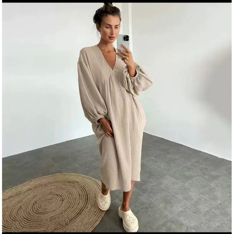 Casual Life Solid Color Pocket V Neck Long Sleeve Dress Solid Color Long Skirt Wholesale_ecoleips.com