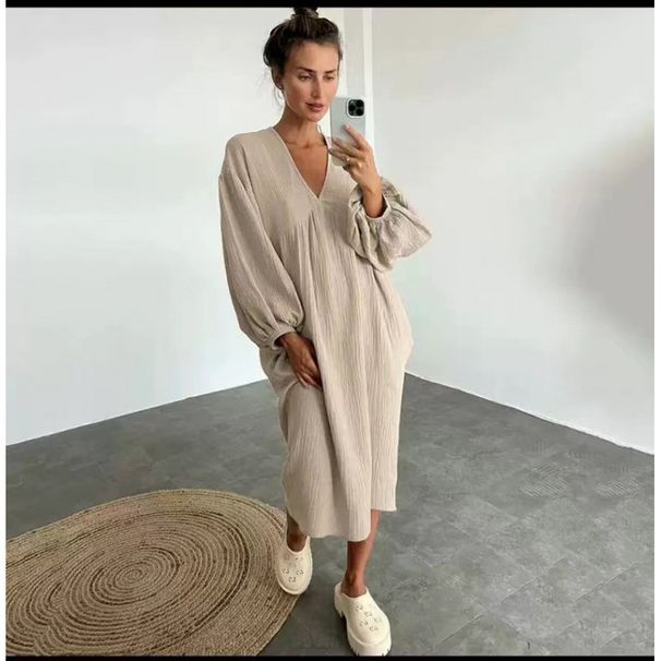 Casual Life Solid Color Pocket V Neck Long Sleeve Dress Solid Color Long Skirt Wholesale_ecoleips.com