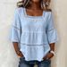 Women's Clothing Women's Casual Square Neck Top Summer Solid Color Cotton Linen Blend Lace Trim Three Quarter Sleeve Short Length_ecoleips.com