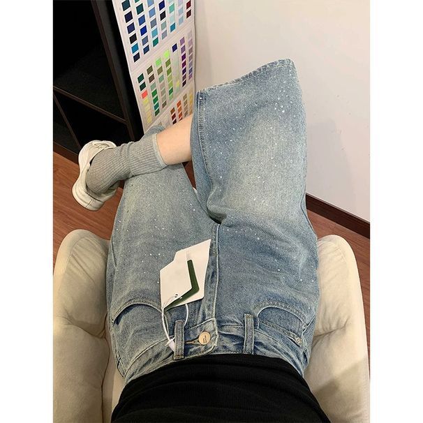 Light Colored Rhinestone Denim Capri Pants plus Size Loose Fit Slimming Wide Leg Pear Shaped Figure New Summer Style_ecoleips.com