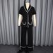 Women's Contrast Collar Short-Sleeve Top & Wide-Leg Pants Set – Breathable Poly-Spandex Office To Lounge Outfit (S-XXL, Black, Stitched Pockets)_ecoleips.com