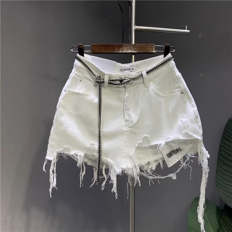 Women's White Frayed Irregular Denim Skirt Anti Exposure Ripped Pockets Mini Skirt for Spring/Autumn_ecoleips.com
