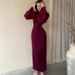 Women's Clothing Solid Color Simple Waist Sexy Hip Skirt Long Sleeve Pleated Elegant Dress_ecoleips.com