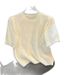 Women's Vintage round Neck Short Sleeve Knit Top Beaded Blouse Soft Colors Beige Blue Pink Black White Yellow Green Elegant_ecoleips.com