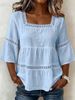 Women's Clothing Women's Casual Square Neck Top Solid Color Cotton Linen Blend Lace Trim Three Quarter Sleeve Summer Fashion For Adults_ecoleips.com
