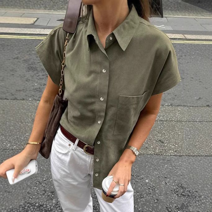 Women's Clothing Spring And Summer Casual Loose Lapel Short Sleeved Shirt With Fashion Green Mid Length Tops For Women_ecoleips.com