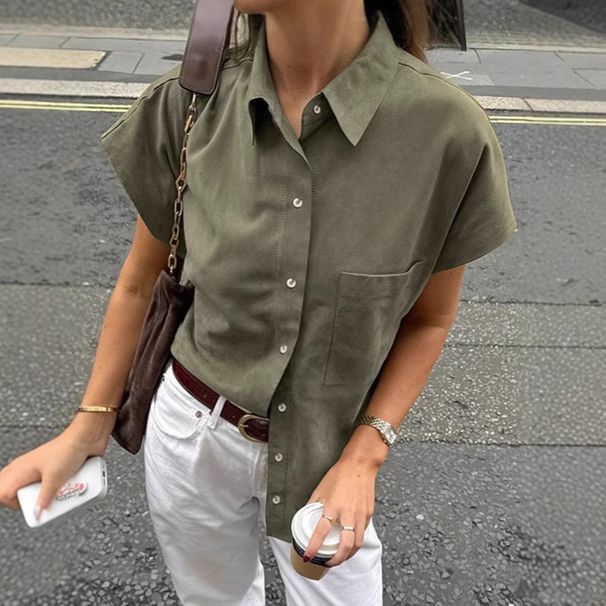 Women's Clothing Spring And Summer Casual Loose Lapel Short Sleeved Shirt With Fashion Green Mid Length Tops For Women_ecoleips.com
