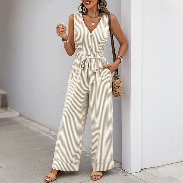 Summer Casual Lace Up Jumpsuit For Cross Border Trade, Europe And America Sleeveless V Neck Striped Jumpsuit For Women_ecoleips.com