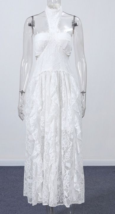 Women's White Halter Lace Hollow Out Waist Exposed Dress Sexy Vacation Style Lace Evening Party Dress_ecoleips.com
