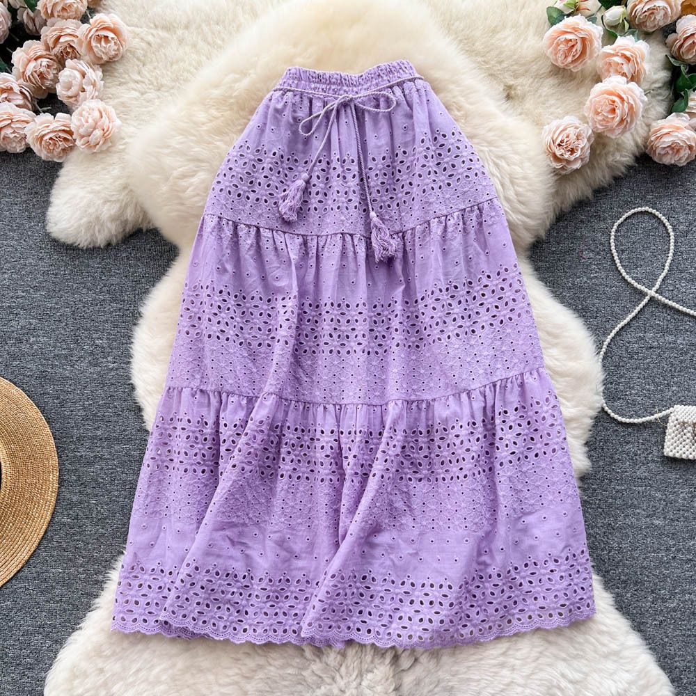 Women's Clothing Lace Embroidered Crochet Skirt Lace-Up High Waist Slimming Sweet All-Match Holiday Style Fairy Skirt_ecoleips.com