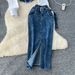 Faux Two-Piece Set Women's Belted Denim Skirt Long-Sleeve Blouse Chic Contrast Panels Denim Dress Hybrid Fashion_ecoleips.com