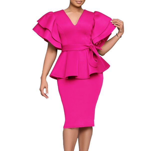 Women's Clothing New Fashion Temperament Elegant Ruffle Solid Color Hip Party Dress_ecoleips.com