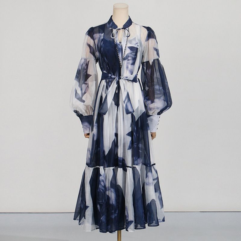 Women's Clothing V Neck Mesh Long Skirt New Retro Ink Printing Design Waist Long Dress For Women_ecoleips.com