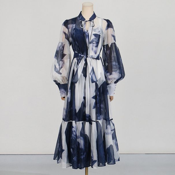 Women's Clothing V Neck Mesh Long Skirt New Retro Ink Printing Design Waist Long Dress For Women_ecoleips.com