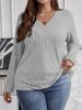 Oversized Ribbed Long-Sleeve T-Shirt – Cross V-Neck Pullover With Brushed Interior, Fall & Winter Essential (1XL-5XL)_ecoleips.com