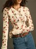 Women's Retro Floral Print Knitted T-Shirt Spring 2026 Slim Fit Long Sleeve Skin Friendly European American Style_ecoleips.com