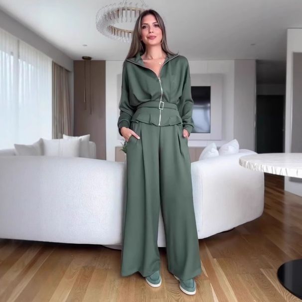 Elegant Notch Lapel Long Sleeve Blouse & High-Waist Trousers Set For Women, Office To Casual Chic, Stretch Comfort Fit, Ocean Green & Coffee Brown_ecoleips.com
