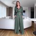 Elegant Notch Lapel Long Sleeve Blouse & High-Waist Trousers Set For Women, Office To Casual Chic, Stretch Comfort Fit, Ocean Green & Coffee Brown_ecoleips.com
