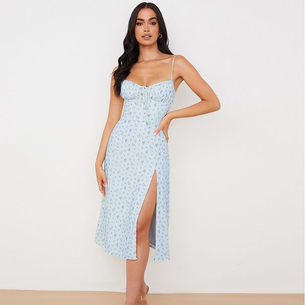 Vacation Style Summer Women's Floral Camisole Dress With Slit Long Skirt_ecoleips.com