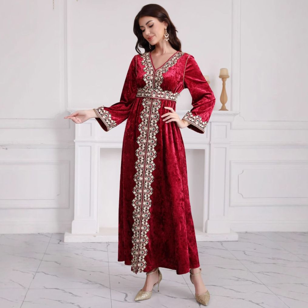 Modest Abaya Dress/Muslim Dress Women Elegant Dress With V-Neck & Embroidered Velvet For Women – Modest Long Sleeve Maxi Dress (Available In S-XXL)_ecoleips.com