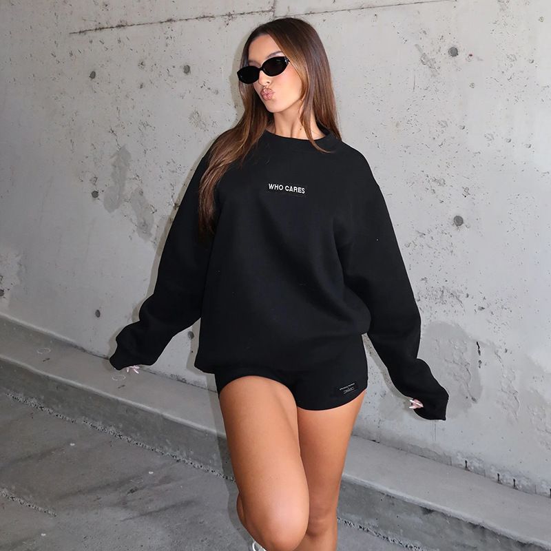 Women's Clothing Casual Loose Round Neck Long Sleeve Jacket Label Pullover Sweater Shorts Suit_ecoleips.com