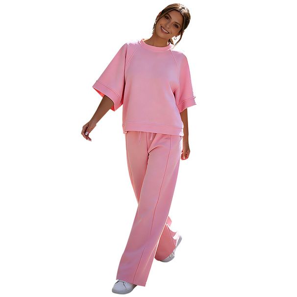 Women's Clothing Women's Solid Color Casual Fashion Set Short Sleeved Top With Wide Leg Pants Spring/Summer Two Piece Loose Fit Style_ecoleips.com