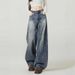 Retro Blue High Waist Wide Leg Jeans Women's Trendy Versatile Slimming Curved Sash American Style High Street Denim_ecoleips.com
