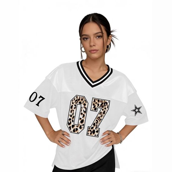 Women's V-Neck Leopard Print Baseball Jersey T-Shirt Loose Fit Short Sleeve Sporty Casual Top with Number 07 Design_ecoleips.com