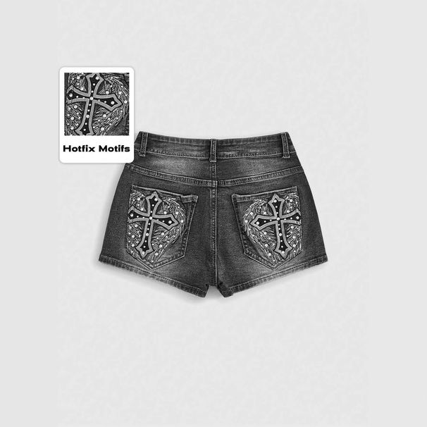 Women's Cross Wings Embroidery Denim Shorts with Rhinestones Black And Gray Washed Jeans Factory Direct Wholesale Bottoms_ecoleips.com