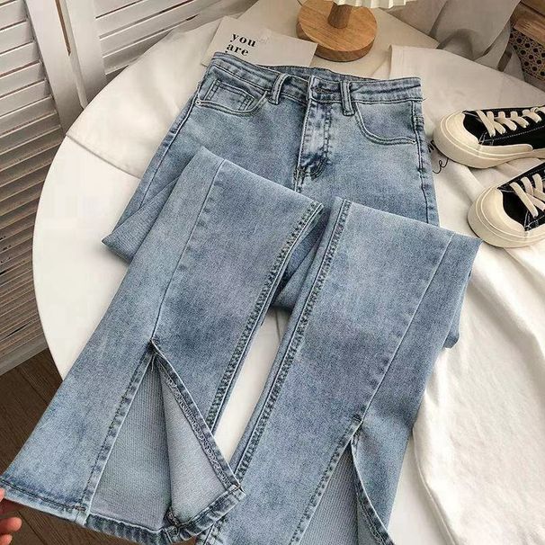Women's Flared Jeans Stretchy Slim Fit Wide Leg Split Hem Floor Length New Summer Style Versatile Trendy Denim_ecoleips.com