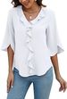 2026 Summer European American Women V Neck Ruffle 3/4 Sleeve Casual Fashion Shirt_ecoleips.com