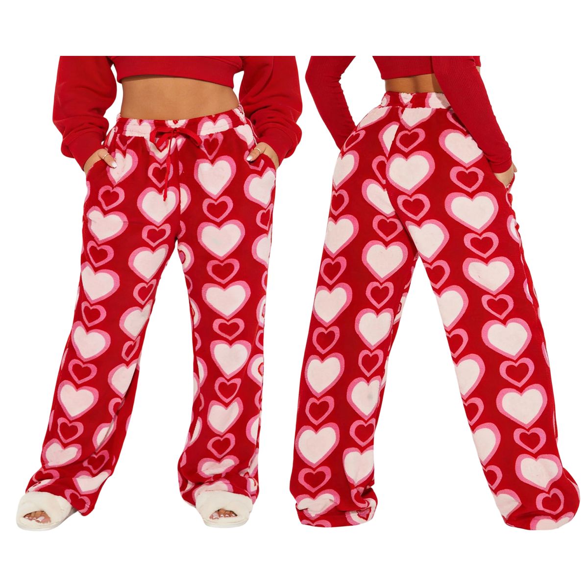 Women Heart Print Plush Pajama Pants Fuzzy Wide Leg Drawstring Loungewear Bottoms Y2k Flannel Valentines Pj Trousers_ecoleips.com