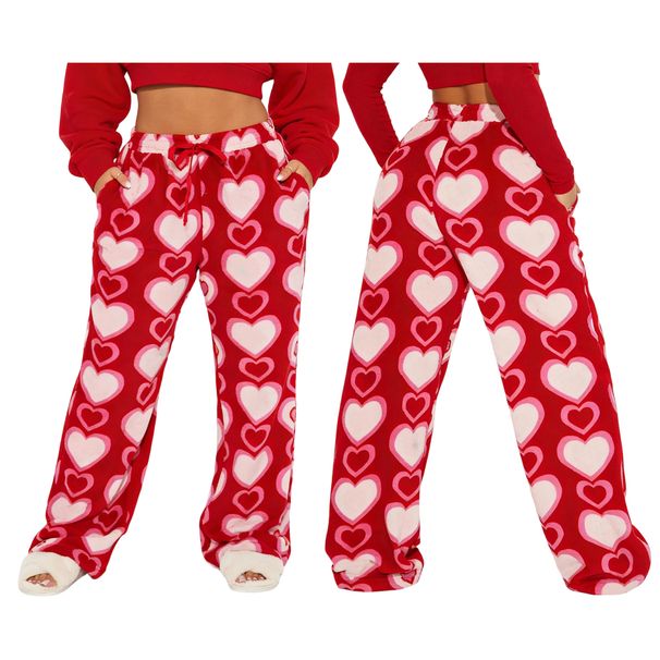 Women Heart Print Plush Pajama Pants Fuzzy Wide Leg Drawstring Loungewear Bottoms Y2k Flannel Valentines Pj Trousers_ecoleips.com