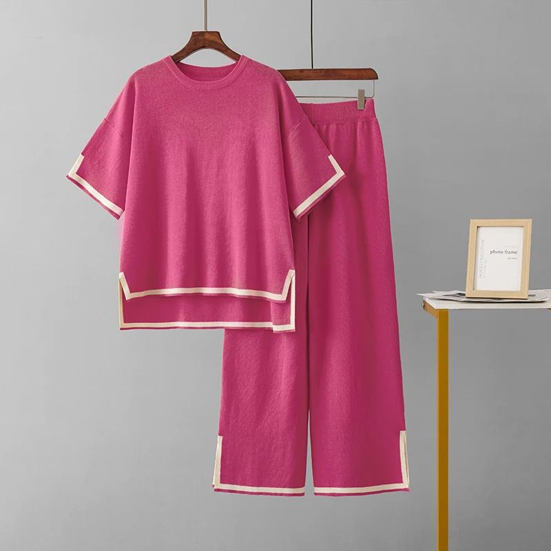 Women's Clothing Loose Split Short Sleeved Knitted Sweater High Waist Slim Wide Leg Pants Trousers Two Piece Suit_ecoleips.com