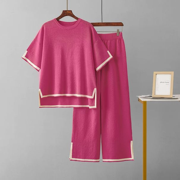 Women's Clothing Loose Split Short Sleeved Knitted Sweater High Waist Slim Wide Leg Pants Trousers Two Piece Suit_ecoleips.com