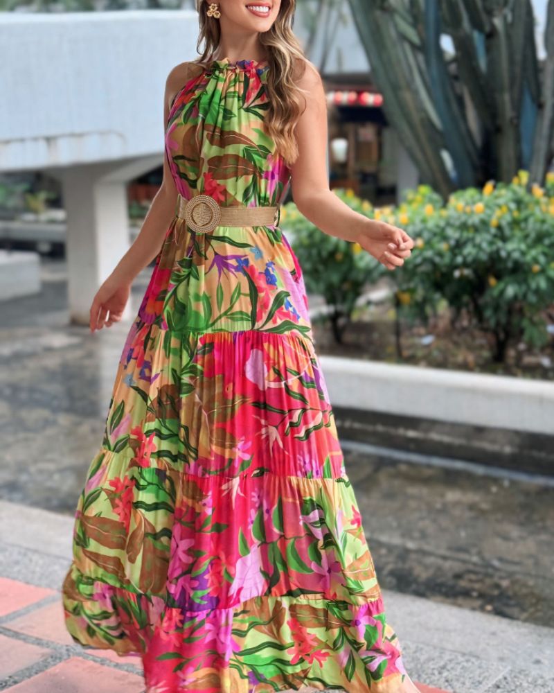 Women's Clothing Sleeveless Neckline Pleated Layered Stitching Print Dress_ecoleips.com