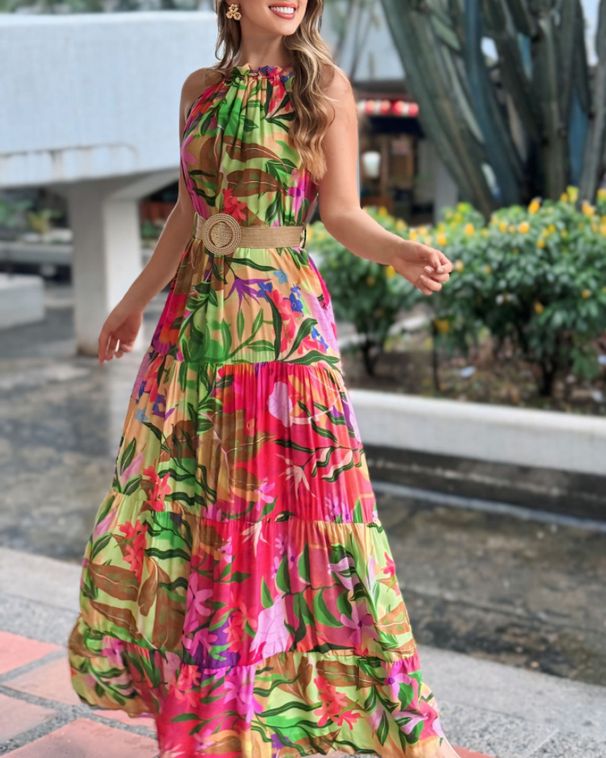 Women's Clothing Sleeveless Neckline Pleated Layered Stitching Print Dress_ecoleips.com